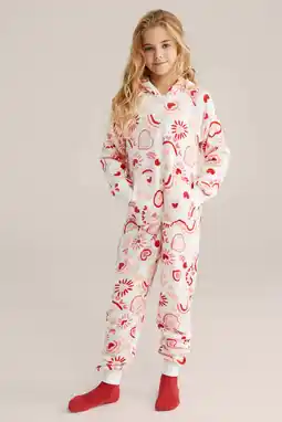 Wehkamp WE Fashion fleece onesie rood/ecru aanbieding