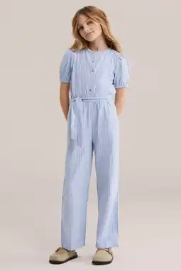 Wehkamp WE Fashion gestreepte Straight jumpsuit lichtblauw aanbieding