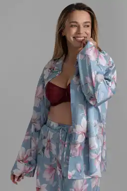 Wehkamp Dorina Curve satijnlook pyjamatop Bella blauw/roze/wit aanbieding