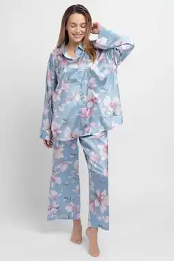 Wehkamp Dorina Curve satijnlook pyjamabroek Bella blauw/roze/wit aanbieding