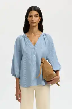 Wehkamp Selected gestreepte blouse met linnen lichtblauw aanbieding