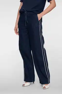 Wehkamp Geisha wide leg regularwaist gestreepte casual broek donkerblauw aanbieding