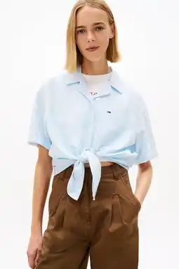 Wehkamp Tommy Jeans gestreepte blouse met linnen lichtblauw aanbieding