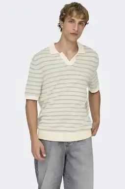 Wehkamp ONLY & SONS regular gestreepte polo met ingebreid patroon ecru aanbieding