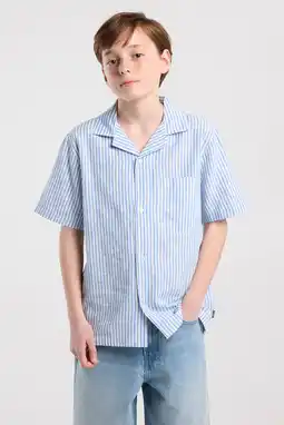 Wehkamp America Today gestreept casual overhemd met linnen lichtblauw aanbieding