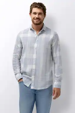 Wehkamp State of Art regular geruit casual overhemd met linnen lichtblauw aanbieding