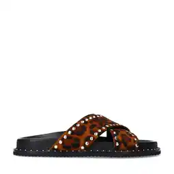 Wehkamp Sacha leren slippers met panterprint cognac aanbieding