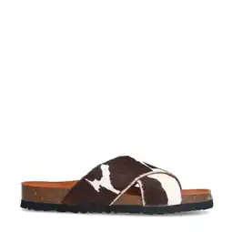 Wehkamp Manfield leren slippers met koeienprint wit/bruin aanbieding