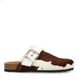 Wehkamp Manfield leren clogs met ponyhair en koeienprint bruin/wit aanbieding
