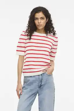 Wehkamp VILA gestreepte top gebreid ecru/ rood aanbieding
