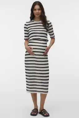 Wehkamp MAMALICIOUS gestreepte zwangerschaps midi rok fijn gebreid beige aanbieding