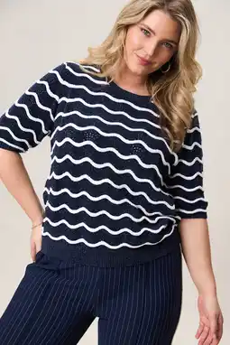 Wehkamp Miss Etam Plus gestreepte gebreide trui donkerblauw aanbieding