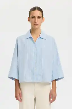 Wehkamp Selected blouse met krijtstreep lichtblauw aanbieding
