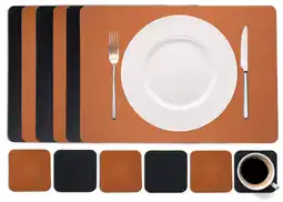 Wehkamp Cookinglife 6 Placemats + 6 Onderzetters - Dubbelzijdig - Vegan leer - Zwart / Cognac aanbieding