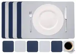 Wehkamp Cookinglife 6 Placemats + 6 Onderzetters - Dubbelzijdig - Vegan leer - Blauw / Grijs aanbieding