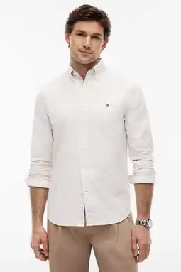 Wehkamp Tommy Hilfiger gestreepte regular oxford overhemd beige aanbieding