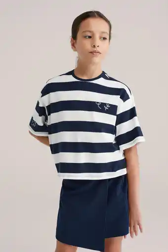 Wehkamp WE Fashion gestreepte T-shirt donkerblauw aanbieding