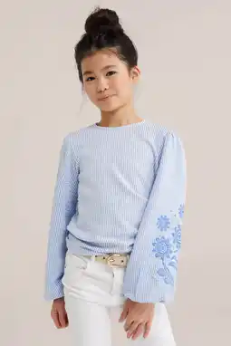 Wehkamp WE Fashion gestreepte gebloemde blousetop lichtblauw aanbieding