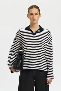 Wehkamp Selected gestreepte polo donkerblauw aanbieding