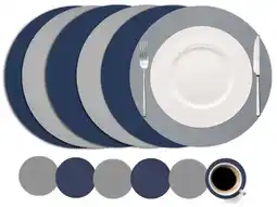 Wehkamp Cookinglife 6 Placemats + 6 Onderzetters - Dubbelzijdig - Rond - Vegan leer - Blauw / Grijs aanbieding