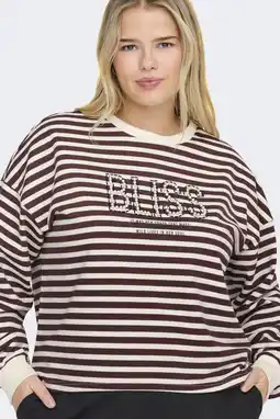 Wehkamp ONLY CARMAKOMA gestreepte sweater ecru met parels aanbieding