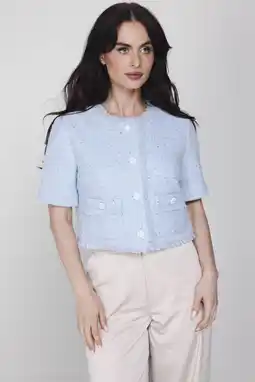 Wehkamp Accentil cropped blazer met wol lichtblauw met pailletten aanbieding