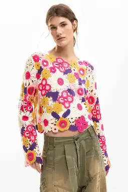 Wehkamp Desigual gebloemde cropped trui roze gehaakt aanbieding