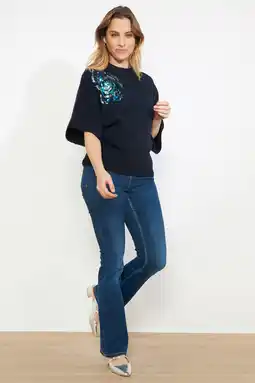 Wehkamp LOLALIZA gebloemde gebreide trui donkerblauw met pailletten aanbieding