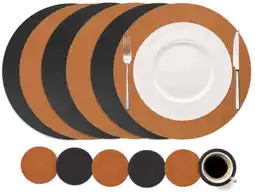 Wehkamp Cookinglife 6 Placemats + 6 Onderzetters - Dubbelzijdig - Rond - Vegan leer - Zwart / Cognac aanbieding