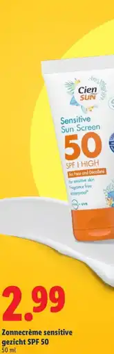 Lidl Zonnecrème sensitive gezicht SPF 50 aanbieding