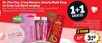 Kruidvat Dr. Paw paw, crazy rumors, beauty made easy en icon lab lipverzorging aanbieding