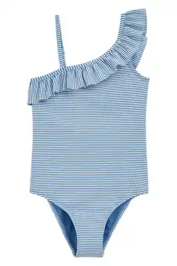 Wehkamp WE Fashion badpak met ruches blauw/wit aanbieding