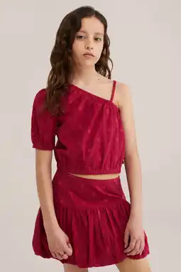 Wehkamp WE Fashion one shoulder top met stippen rood aanbieding