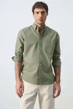 Wehkamp Mango Man regular gestreepte casual overhemd groen aanbieding