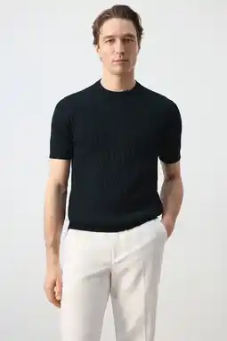 Wehkamp Mango Man slim T-shirt gebreid donkerblauw aanbieding