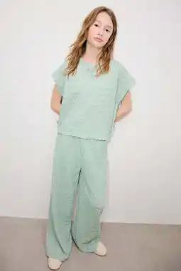 Wehkamp Mango Kids straight casual broek turquoise met textuur aanbieding