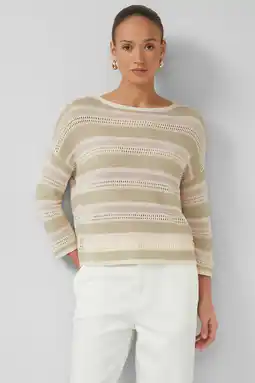 Wehkamp s.Oliver BLACK LABEL gestreepte trui beige met ingebreid patroon aanbieding
