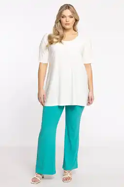 Wehkamp YOEK high waist bootcut broek DOLCE van travelstof turquoise aanbieding