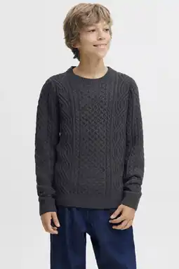 Wehkamp JACK & JONES JUNIOR gebreide trui donkerblauw met kabels aanbieding