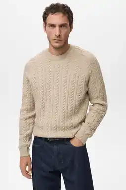 Wehkamp Mango Man gebreide trui met wol met kabels beige aanbieding