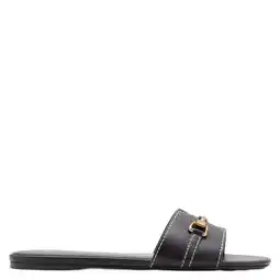 Wehkamp Mango leren slippers met siergesp donkerbruin aanbieding