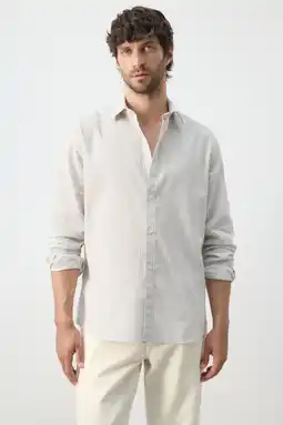 Wehkamp Mango Man linnen regular fit gestreept overhemd - lichtbruin aanbieding