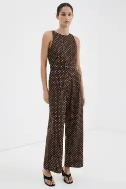 Wehkamp Mango jumpsuit linnen met stippen donkerbruin aanbieding