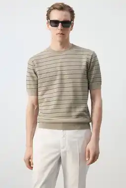 Wehkamp Mango Man regular gestreept T-shirt gebreid beige aanbieding