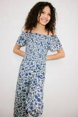 Wehkamp Mango Kids gebloemde jumpsuit blauw aanbieding