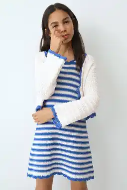 Wehkamp Mango Kids gestreepte korte jurk grof gebreid blauw aanbieding
