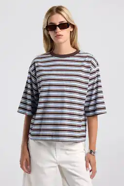 Wehkamp America Today gestreept T-shirt lichtblauw/ bruin aanbieding