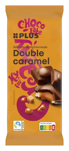 PLUS PLUS Gevulde chocoladereep double karamel aanbieding