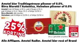 Coop Amstel bier Traditiegetrouw pilsener of 0.0%, Birra Moretti l'Autentica, Heineken pilsener of 0.0% aanbieding