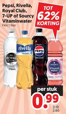 Dekamarkt Pepsi, Rivella, Royal Club, 7-UP of Sourcy Vitaminwater aanbieding